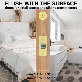KIDOACOW Round Pocket Door Lock and Edge Pull, Privacy Pocket Door Latch with Color Coded Indicators, Brushed Gold Flush Pocket Door Hardware Fits 1-1/4" ~ 2-1/5" Door Thickness, 2-3/8" Backset