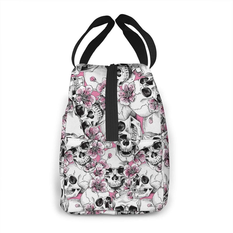 Hulnulnu Insulated Lunch Bag with Skull and Flowers Reusable Portable