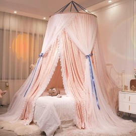Kertnic Luxurious Bed Canopy for Girls & Adults, Large Elegant Double Layer Bed Curtain Canopy Drapes, Round Dome Lace Princess Canopies Netting (Star)
