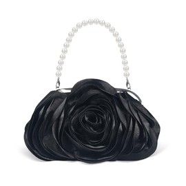 HuiYStar Women's Frizione Satin Evening Bag with 3D Flowers Shoulder Bag with Chain Strap, black
