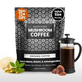 Moontower Adaptogen Coffee - Mushroom Coffee with Ashwagandha, Lions Mane, & Reishi, Organic Mushrooms Blend, Medium Roast Ground Coffee Beans - Organic Blend, For Focus & Clarity (35 oz)