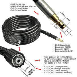 High Pressure Hose Premium Quality for Original Kärcher Pressure Washers K2 - K7 / Quick Click on M22 IG / 2.641-706.0/26417060 / 2641706/2641-7060 - Length Selectable (3 Metres)