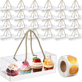 Qilery 36 Pcs Clear Cupcake Boxes with Thank You Label Stickers 4 Count Bulk Cupcake Containers with Handle Cupcake Holder Carrier Gable Boxes for Mother's Day Baby Shower Party Favor, 9 x 3 x 3 Inch