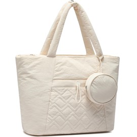BTOOP Tote Bag for Women, Puffer Tote Bag with Zipper, Nurse Teacher Bag with Coin Purse, Large Quilted Puffy Laptop Tote Bag for Work,Travel,Gym (Beige)