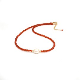 Gempires Carnelian Beaded Necklace with Freshwater Pearl, July Birthstone Necklace, Choker Style, Party wear, Lightweight, Gift for Mom, friend, Wife, 14k Gold Plated 18 inch Adjustable Chain