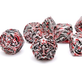 Hollow Metal DND Game Dice Skulls Ancient Bloodstain 7Pcs Set for Dungeons and Dragons RPG MTG Table Games D&D Pathfinder Shadowrun and Math Teaching (with Metal Case)