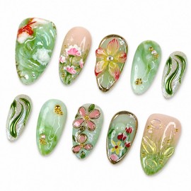 30Pcs Green Press on Nails Medium Almond Fake Nails 3D Koi Fish Flower False Nails with Gilding Line Design Gold Gems Glue on Nail Glitter Summer Artificial Stick on Nails Full Cover for Women