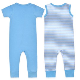 Aablexema 2PCS Baby Cotton Romper Zipper Short Sleeve & Sleeveless Footless Pajamas One Piece Jumpsuits Outfit Clothes(Blue Set,3-6m)