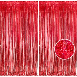 BRAVESHINE Fringe Curtains, Set of 2, Sparkly with a Bright Sheen, Decorative Curtains, Perfect for Birthday and Party Decorations, 39.4 x 98.4 inches (100 x 250 cm), Red