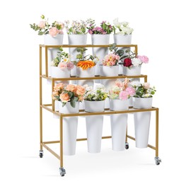 Ruifabo Flower Cart Display Stand, 3 Layers Metal Flower Bar Stand with 360° Swivel Wheels and Brake, Flower Display stand with Iron Buckets, Durable than Plastic Buckets, Flower Holder for Florist or Wedding