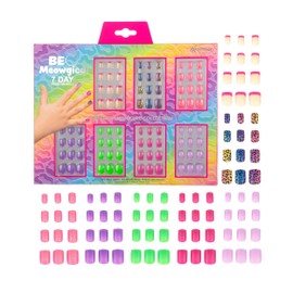 Expressions 7 Day Manicure Collection - 84PC Press On Nail Set, Day-Of-The-Week Adhesive False Nails for Girls (BE-MEOWGICAL Collection) – Colorful Novelty Designs Stick On Nails For Kids