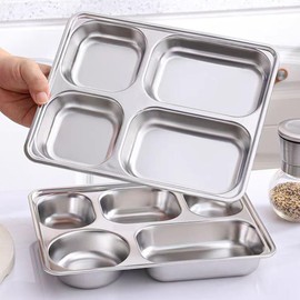 2Pack Stainless Steel Divided Plates Tray with Lids - 4 Section,Picnic Plates Non Toxic Serving Platter, Dinner Snack, Camping Dishes Picky Eaters and Portion Control (Silver)