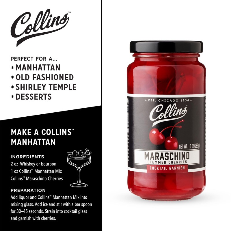 Collins Stemmed Maraschino Cocktail Cherries - Royal Anne Cherries Garnish