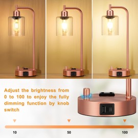 Innqoo Industrial Table Lamps for Bedrooms Set of 2 - Fully Dimmable Bedside Lamps with USB Ports and Outlet, Copper Nightstand Lamps with Glass Shade for Living Room, Desk Lamps for Office Reading