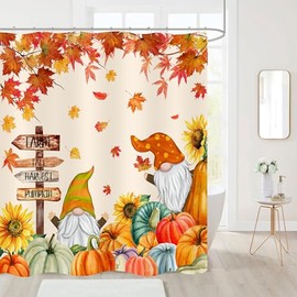 Nuseiis Cute Fall Gnomes Shower Curtains 72x72 Inch, Waterproof Fabric Autumn Orange Maple Leaves Pumpkin Bathroom Shower Curtain