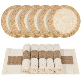 Handmade Boho Placemats Set of 6 | Natural Woven & Fabric Cotton Combo Table Mats | 12-Piece Versatile Place Mats | Rustic Farmhouse Style Dining Table Decor