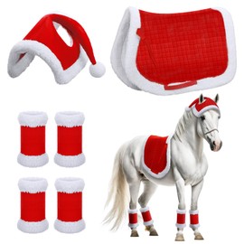 Abbylike 6 Pcs Christmas Holiday Santa Leg Wraps with Faux Fur Trim Holiday Santa Horse Hat All Purpose Santa Saddle Pad for Christmas Horse Costume Accessories(Red,Elegant Style)