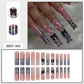 24Pcs Extra Long Press on Nails Square Shape Fake Nails Colorful Leopard French False Nail Tips Long Glossy Acrylic Nails Full Cover Rhinestones and Gems Glue on Nails Bow Nails for Women and Girls