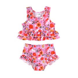 Toddler Girls Swimsuit Outfit Ruffle Floral Sleeveless Bikini Two Piece Bathing Suit for Baby Girl (Rose Pink Floral, 4-5T)
