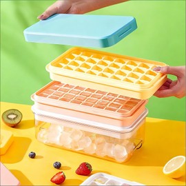 Molde de Cubitos de Hielo con Tapa y Bandeja Cuadrada, 2×32 Cubiteras Reutilizables Libre de BPA, Apilable y Fácil de Liberar, Disponible en Rosa y Azul para Bebidas y Cócteles(Azul)