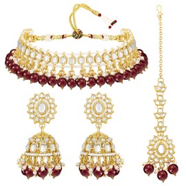 Aheli Gold Plated Maroon Kundan Beads Studded Choker Necklace Earrings and Maangtikka Set Ethnic Traditional Jewelry Gift for Women