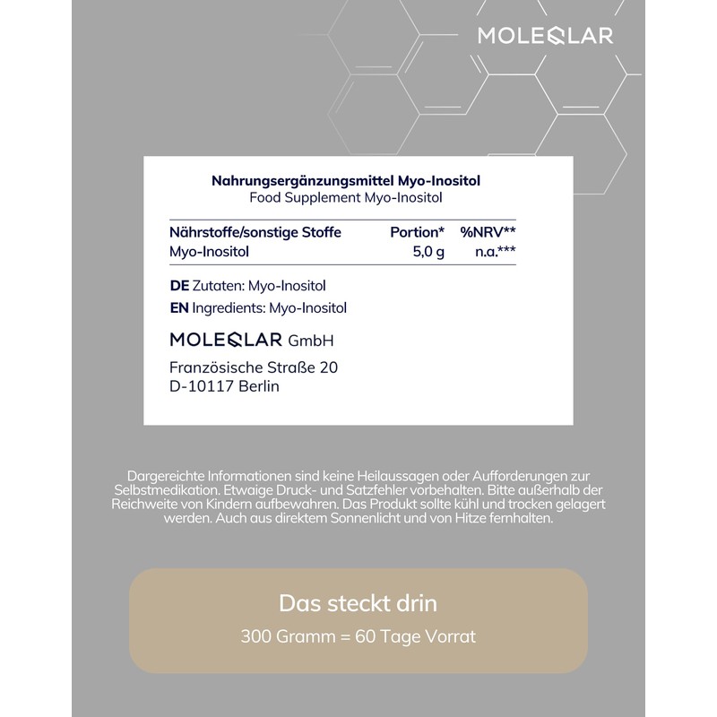 MoleQlar Myo-Inositol Powder 300 g - Certified and Pure Inositol
