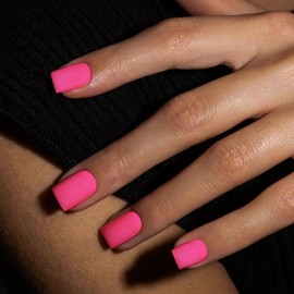 Matte Hot Pink Press on Nails Short Square KXAMELIE Fushia Gel Nails Glue on Acrylic Nails Press ons Featured Protective Coat Reusable Fake Nails Solid Color Trendy Short Coffin Artificial Nails