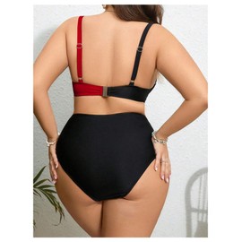 OYOANGLE Women's Plus Size Color Block Bikini Sets High Waisted Swimsuit Two Piece Push Up Bathing Suits Red and Black X-Large Plus
