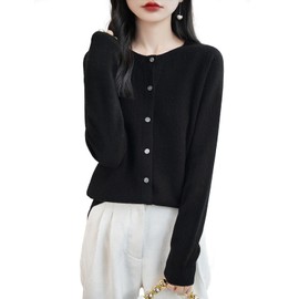 Chanyarn Women's Crew Neck 100% Merino Wool Cardigans 2024 Spring Plain Long Sleeve Seamless Cardigans, black, S