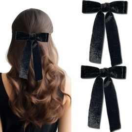 Jseng 2PCS Bling Velvet Bow Hair Clips, Black Ribbon Bow Hair Clips for Women, Ponytail Holder Accessories Metal Clips Hair Bow for women Girls Teens