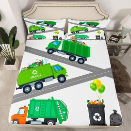 Boys Green Garbage Truck Bedding Set Cartoon Trash Truck Fitted Sheet Green Vehicle Car Bed Sheets for Kids Boys Girls Teens Room Decor, Garbage Truck Toy Sheets Full Size with 2 Pillow Cases