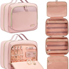 Travel Toiletry Bag for Women with Jewelry Makeup Brush Organizer,Large Hanging Travel Toiletry Bag with Makeup Cosmetic Bag Organizer, Carry-on Travel Accessories Essentials - Color: Pink