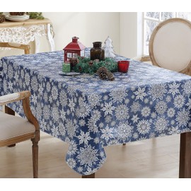 Newbridge Winter Sparkle Snowflake Navy and Silver Vinyl Flannel Backed Christmas Tablecloth - Navy Glitter Snowflake Print Wipe Clean Easy Care Holiday Tablecloth, 52" x 52" Square, Navy/Silver