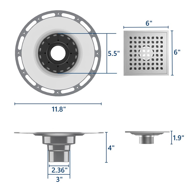Neodrain 6 in Brushed Square Shower Drain Brushed 304 Stainless