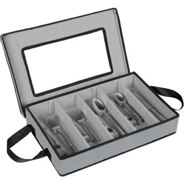 Flatware Storage Case - Durable 5 Compartment Silverware Storage Container Box with Removable Lid and Easy to Carry Handles - Large Capacity Keeps Your Cutlery Organized & Protected - Gray