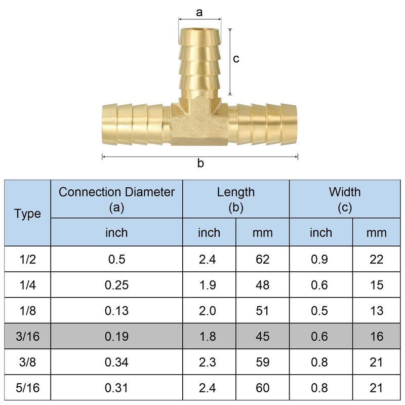 PATIKIL 3/16" Barb Tee Fitting 3-Way Union T Brass Hose