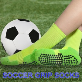 Kids Grip Soccer Socks Boys Basketball Crew Socks Cushioned Athletic Non Slip Socks Girls Running Sports 4-7 Years Children 3 Pairs (Blue+Neon Green+Red, S)