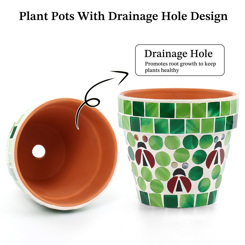 VOREEN Mosaic Terracotta Flower Pot with Ladybug Design, Drainage Hole,