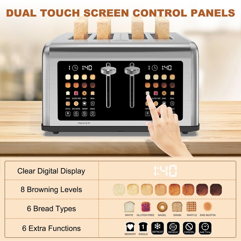 4 Slice Toaster Touch Screen, Stainless Steel Toasters Digital Timer,