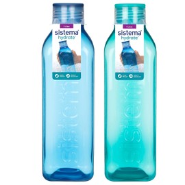 Sistema Square Water Bottle 1L | BPA Free Water Bottle | Tight Fitting Lid | Grip Secure Shape | Ocean Blue & Minty Teal | Pack of 2