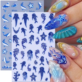 Summer Ocean Life Nail Art Sticker Decal 2Pcs 5D French Embossed Nail Decal Polka Dot Whale Jellyfish Starfish Nail Designs Blue Ocean Self-Adhesive Nail Supplies for Women DIY Manicure Decoration