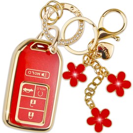 Yekoubo Red TPU Key Fob Cover with Plum Blossom Keychain Compatible with Honda Accord Civic CR-V Pilot Passport Insight CR-Z HR-V Fit JED Spirior Odyssey Ridgeline 5-Button Smart Key for Women