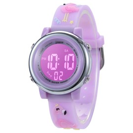 Jianxiang Kids Digital Sport Watches for Girls Boys, Waterproof Outdoor LED Timer with 7 Colors Backlight 3D Cartoon Silicone Band Child Wristwatch (Light Purple Flamingo), (Jx-KidW)