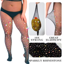 HONENNA Queen Plus Size 10X Strong Rhinestone Fishnet Stockings, Ultra Sparkly High Waist Tights for Women, Party Concert, 1 Pair Black 3XL-4XL Tall