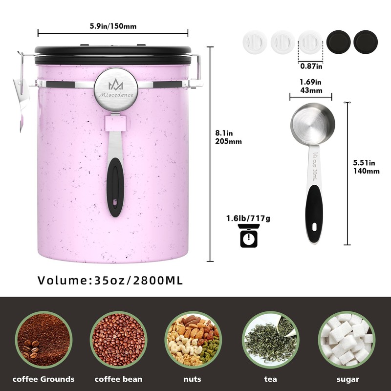 Miscedence 35OZ Coffee Canister for ground coffee with Date Tracker,pink