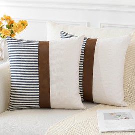 Artscope Farmhouse Decor Stripe Patchwork Linen Cushion Covers Cases Set of 2 Modern Boho Tan Faux Leather Accent Pillow Covers 45x45cm for Home Decor Sofa Bedroom Fall Decorations, Navy Blue