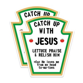 (2 Pack) Catch Up with Jesus Lettuce Praise and Relish Him Stickers - Funny Christian Puns - 5 Inches On Longest Side - Premium Vinyl - for Cars, Trucks, Skateboards, Laptops - Made in USA - BMCS0547
