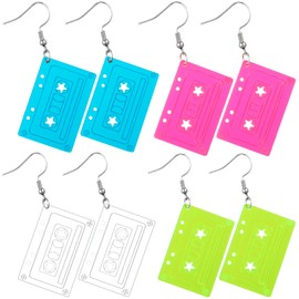 Skylety 4 Pairs 80s 90s Neon Earrings for Women Retro Pendant Acrylic Drop Dangle Earrings for Party Cosplay Accessories(Tape Style)