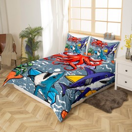 Feelyou Kids Cute Shark Bedding Set Cartoon Octopus Comforter Cover for Boys Children Ocean Surfing Animal Duvet Cover Sea Marine Creature Bedspread Cover Room Decor 3Pcs with 2 Pillow Case Full Size