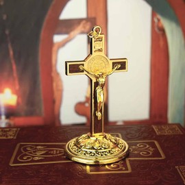 IS Holy Cross Crucifix Wall Cross with Saint Benedict Medal Metal Art Wall Hanging Cross for Home Decor Give Blessing and The Spiritual Sacred 3.5 In - TC06, Gold